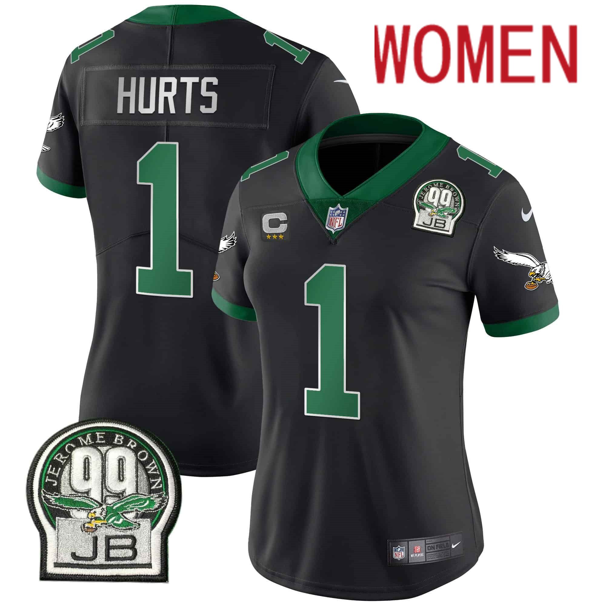 Women Philadelphia Eagles #1 Hurts Black 2024 Nike Jerome Brown Patch Alternate Limited NFL Jersey style 1